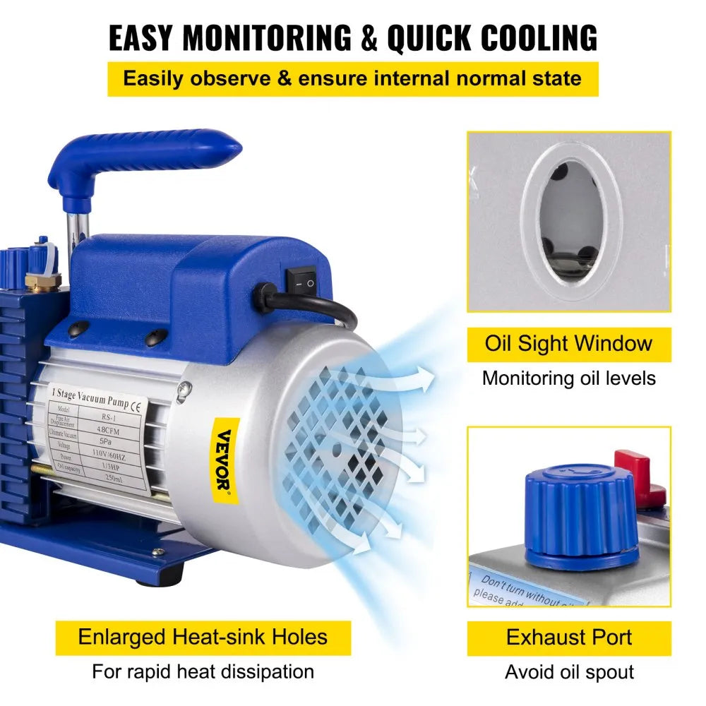 VEVOR Suction Pump 4.8CFM 1/4 HP Single Stage for HVAC A/C Cooling Systems, 5PA Ultimate Vacuum, Manifold Gauge Kit R410A R134A R22, Includes 4-Way Gauge & Hose