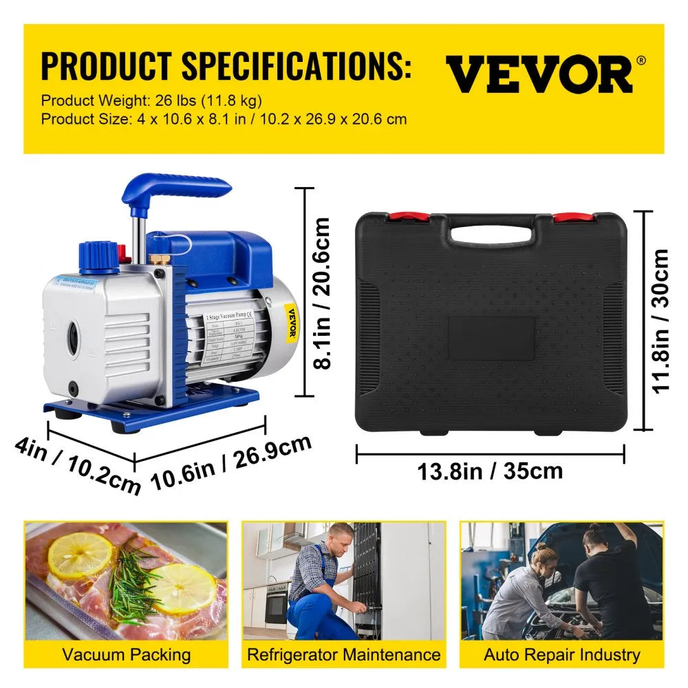 VEVOR Suction Pump 4.8CFM 1/4 HP Single Stage for HVAC A/C Cooling Systems, 5PA Ultimate Vacuum, Manifold Gauge Kit R410A R134A R22, Includes 4-Way Gauge & Hose