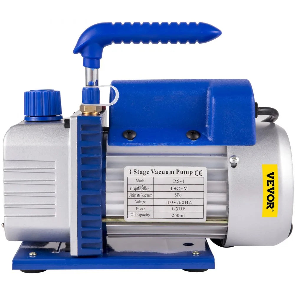 VEVOR Suction Pump 4.8CFM 1/4 HP Single Stage for HVAC A/C Cooling Systems, 5PA Ultimate Vacuum, Manifold Gauge Kit R410A R134A R22, Includes 4-Way Gauge & Hose