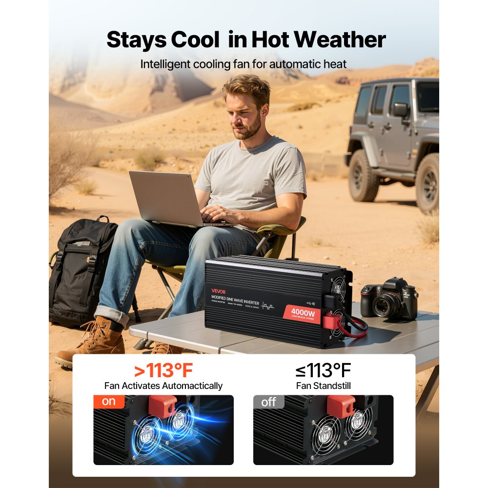 VEVOR 4000W Power Inverter, 12V DC to 120V AC Modified Sine Wave Inverter, Solar Car Charger Converter with LCD Display, Remote Control, 2 USB Ports, 4 AC Outlets, Type-C Port, for RV, Truck Outdoor