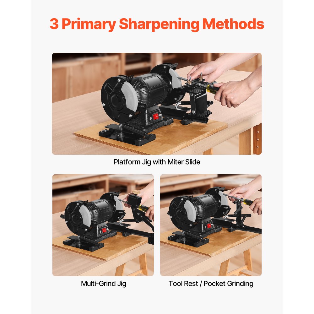 VEVOR Pro Grind Sharpening System, Multi-Grind Sharpening Jig for 6" & 8" Bench Grinder - with Platform Jig, Tool Rest Bar, Setup Block, Miter Slide, Micro Bevel Block, for Chisels Woodturning Tools