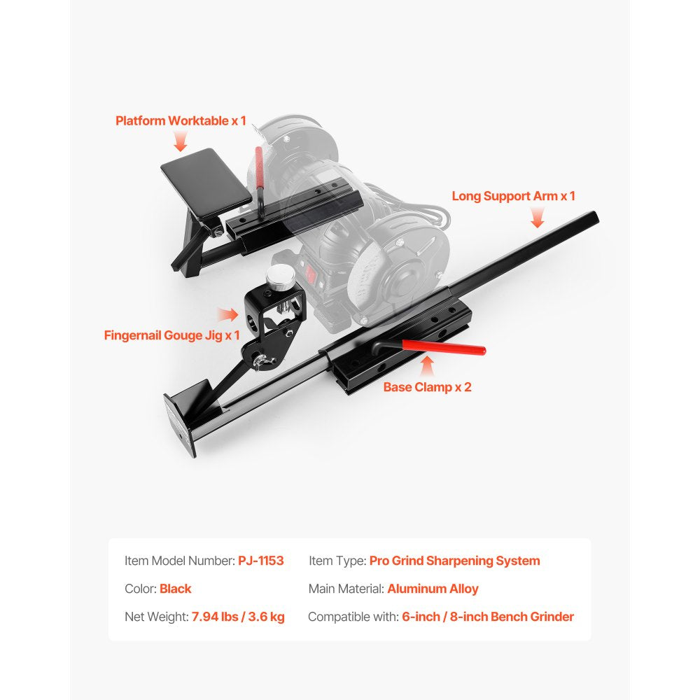 VEVOR Multi-Grind Sharpening System, Vari-Grind Pro Sharpening Jig Kit for 6" & 8" Bench Grinders – with Platform, Long Support Arm & Fingernail Gouge Jig, for Chisels, Woodturning, Plane Irons