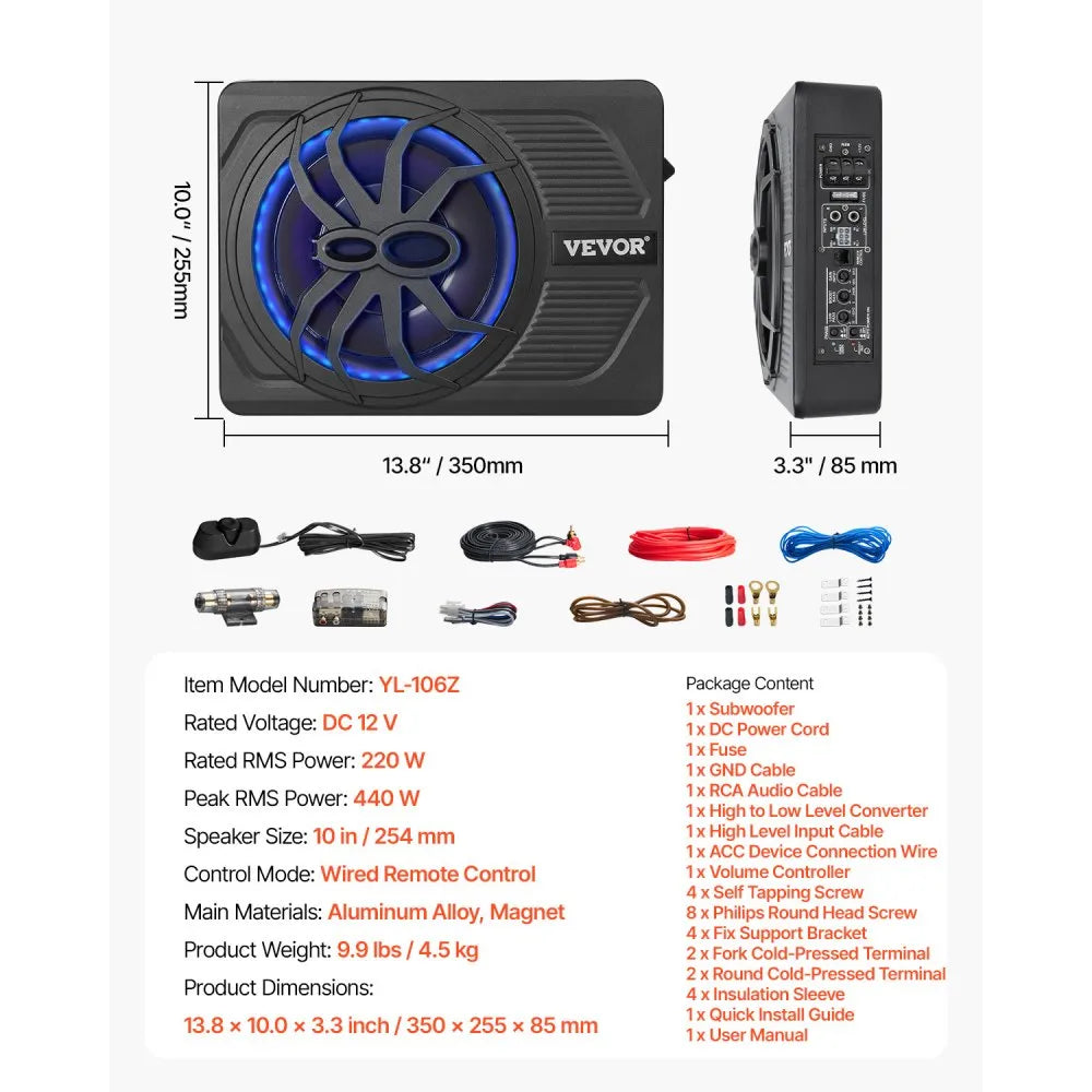 VEVOR 10" 440W Underseat Car Subwoofer, Slim Powered Car Subwoofers with Blue Ambient Light, Low Profile Audio Sub Under the Seat with Built-in Amplifier, Remote Controller for SUVs, Car, Truck, RV