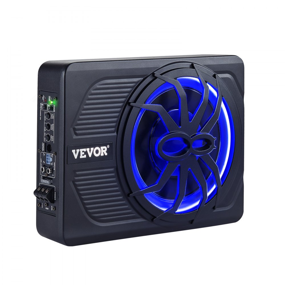 VEVOR 10" 440W Underseat Car Subwoofer, Slim Powered Car Subwoofers with Blue Ambient Light, Low Profile Audio Sub Under the Seat with Built-in Amplifier, Remote Controller for SUVs, Car, Truck, RV