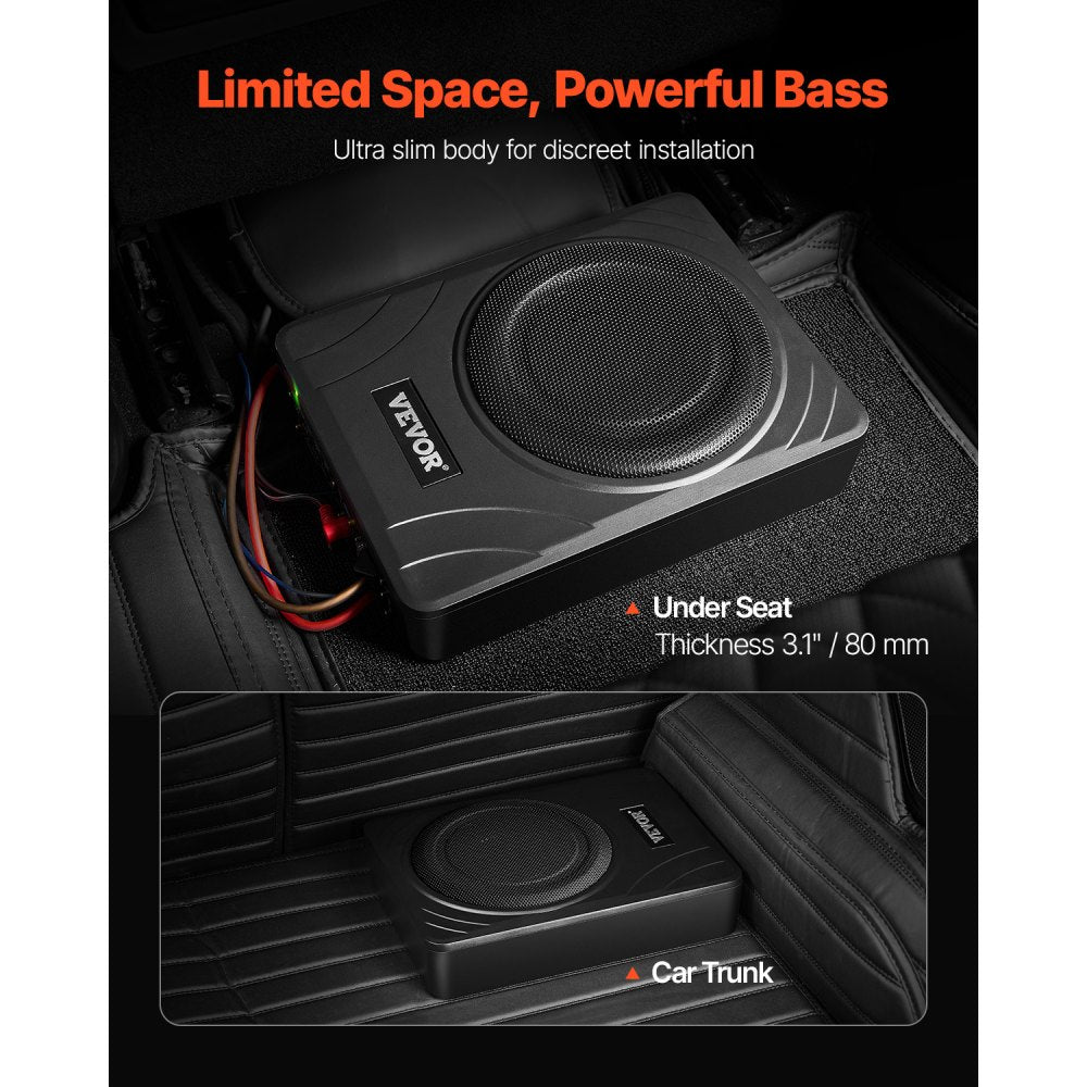 VEVOR 8" 300W Underseat Car Subwoofer, Slim Powered Car Subwoofers Under the Seat, Low Profile Audio Sub Built-in Amplifier, High/Low Level Input & Volume Controller for SUVs, Car, Truck, RV