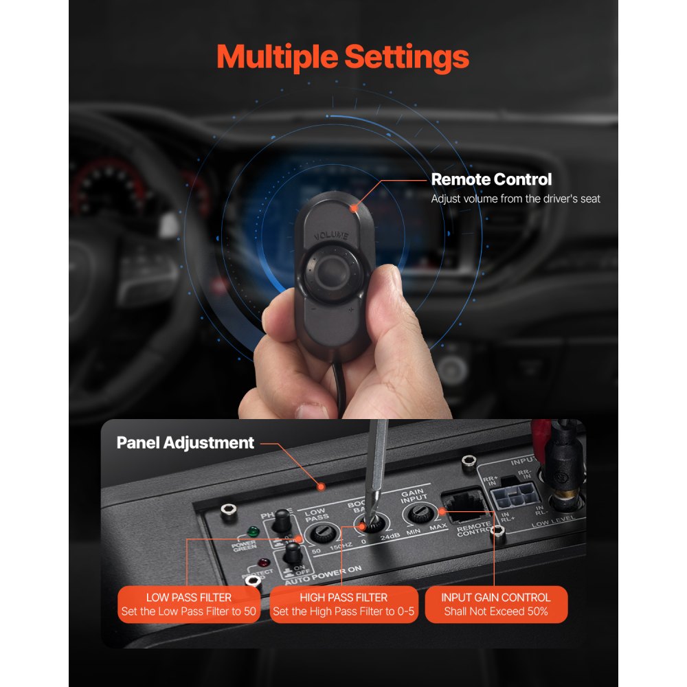 VEVOR 8" 300W Underseat Car Subwoofer, Slim Powered Car Subwoofers Under the Seat, Low Profile Audio Sub Built-in Amplifier, High/Low Level Input & Volume Controller for SUVs, Car, Truck, RV