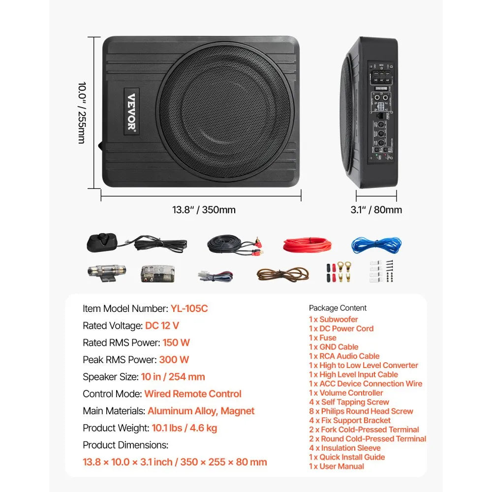 VEVOR 10" 300W Underseat Car Subwoofer, Slim Powered Car Subwoofers Under the Seat, Low Profile Audio Sub Built-in Amplifier, High/Low Level Input & Volume Controller for SUVs, Car, Truck, RV