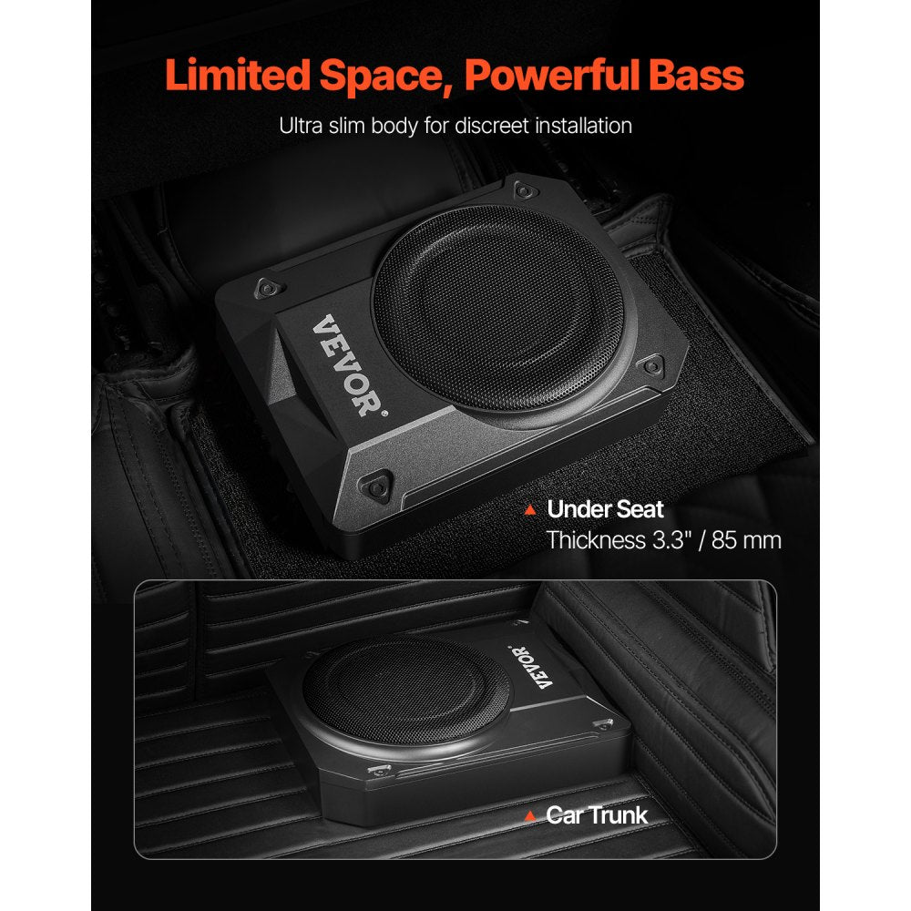 VEVOR 10" 400W Underseat Car Subwoofer, Slim Powered Car Subwoofers Under the Seat, Low Profile Audio Sub Built-in Amplifier, High/Low Level Input & Volume Controller for SUVs, Car, Truck, RV