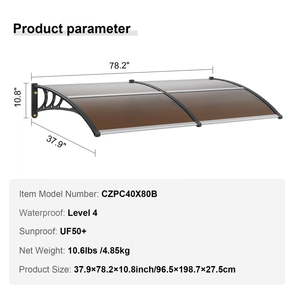 VEVOR Window Door Awning Canopy 80" x 40", UPF 50+ Polycarbonate Entry Door Outdoor Window Awning Exterior, Front Door Overhang Awning for Sun Shutter, UV, Rain, Snow Protection, Hollow Sheet