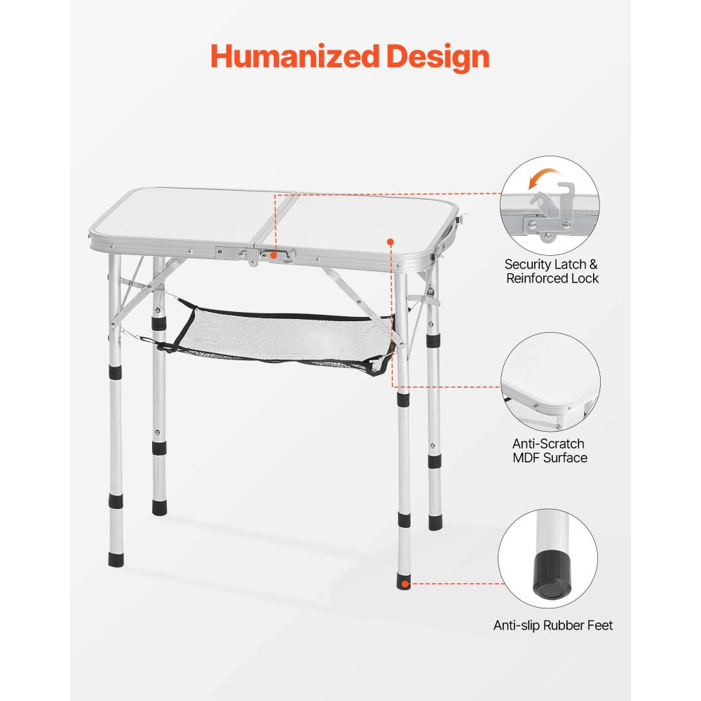 VEVOR Folding Camping Table, Adjustable Height Portable Side Tables, Aluminum MDF Beach Table with Mesh Layer, Carrying Handle, Lightweight Compact for Outdoor Picnic BBQ Cooking, 24x16in, Silver