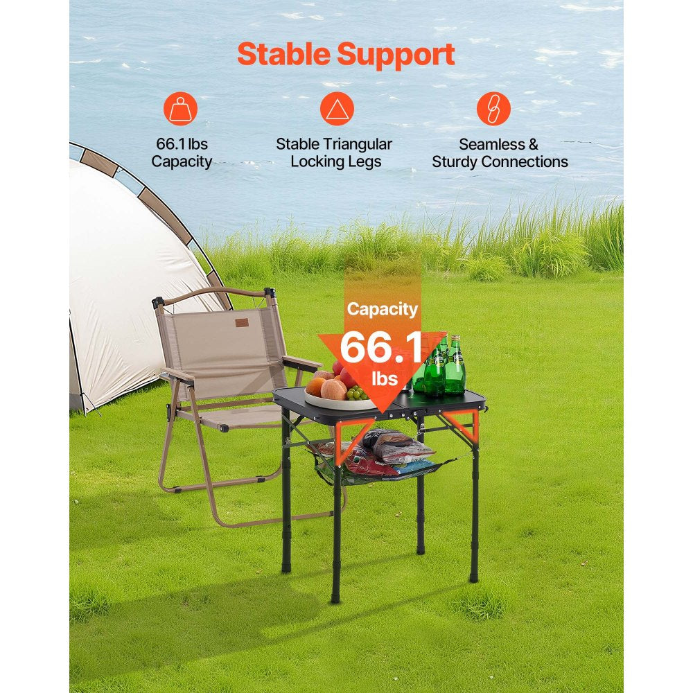 VEVOR Folding Camping Table, Adjustable Height Portable Side Tables, Aluminum MDF Beach Table with Mesh Layer, Carrying Handle, Lightweight Compact for Outdoor Picnic BBQ Cooking, 24x16in, Black