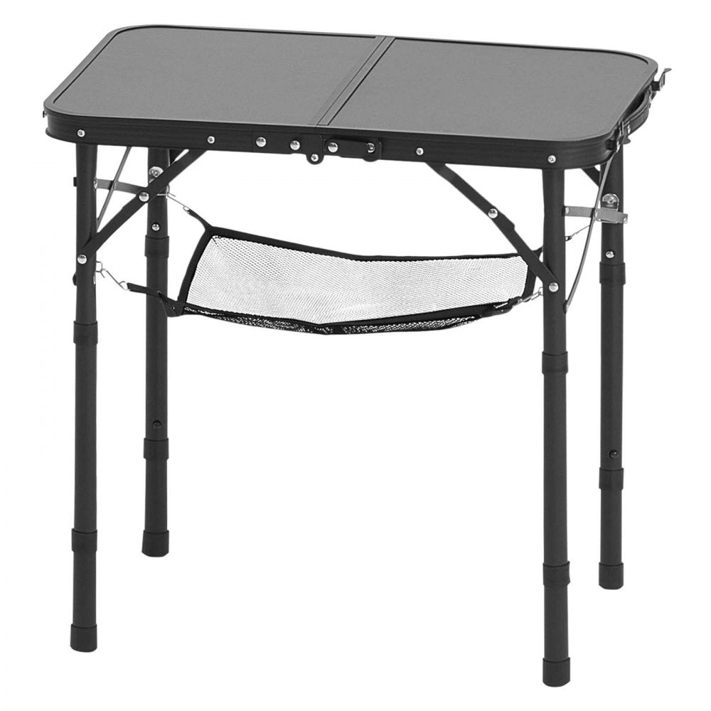 VEVOR Folding Camping Table, Adjustable Height Portable Side Tables, Aluminum MDF Beach Table with Mesh Layer, Carrying Handle, Lightweight Compact for Outdoor Picnic BBQ Cooking, 24x16in, Black