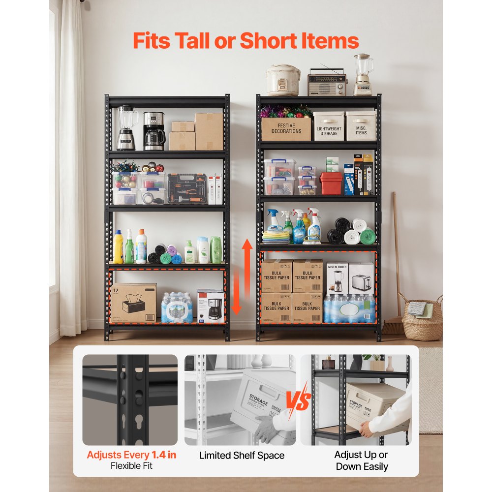 VEVOR Storage Shelves, 5-Tier Adjustable, 3000 lbs Capacity, Heavy Duty Garage Storage Shelving Unit, Metal Utility Rack Shelf, for Kitchen Pantry Basement Bathroom, 36.34" W x 12.17" D x 71.38" H