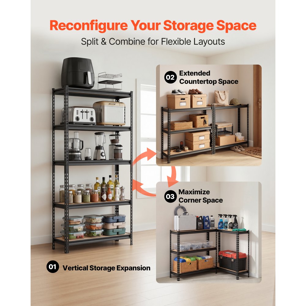 VEVOR Storage Shelves, 5-Tier Adjustable, 3000 lbs Capacity, Heavy Duty Garage Storage Shelving Unit, Metal Utility Rack Shelf, for Kitchen Pantry Basement Bathroom, 36.34" W x 12.17" D x 71.38" H