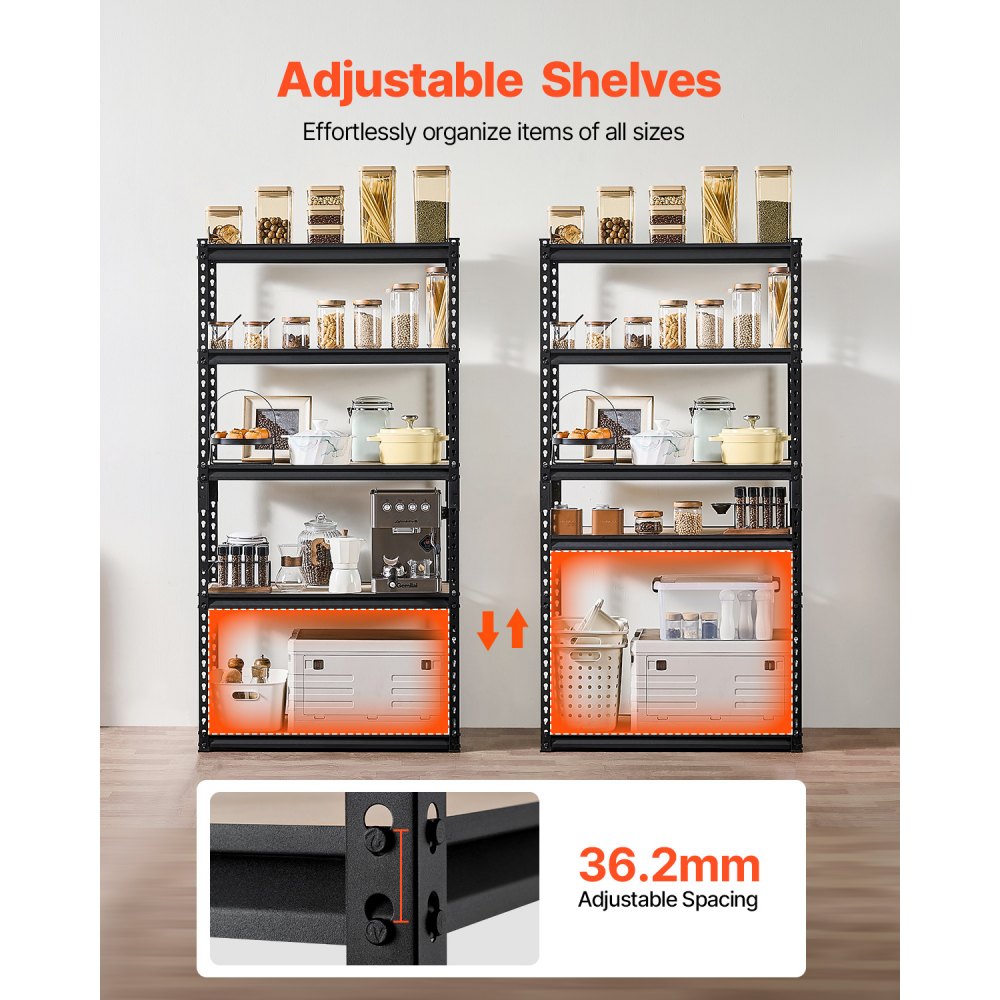 VEVOR Storage Shelves, 2000 lbs, 5 Tier Garage Storage Shelving, 16" D x 32" W x 62.8" H Adjustable Metal Shelves for Garage Shelves Utility Rack Shelf, Ideal for Kitchen, Warehouse, Basement, Black