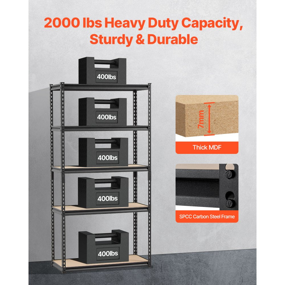 VEVOR Storage Shelves, 2000 lbs, 5 Tier Garage Storage Shelving, 16" D x 36" W x 71.4" H Adjustable Metal Shelves for Garage Shelves Utility Rack Shelf, Ideal for Kitchen, Warehouse, Basement, Black