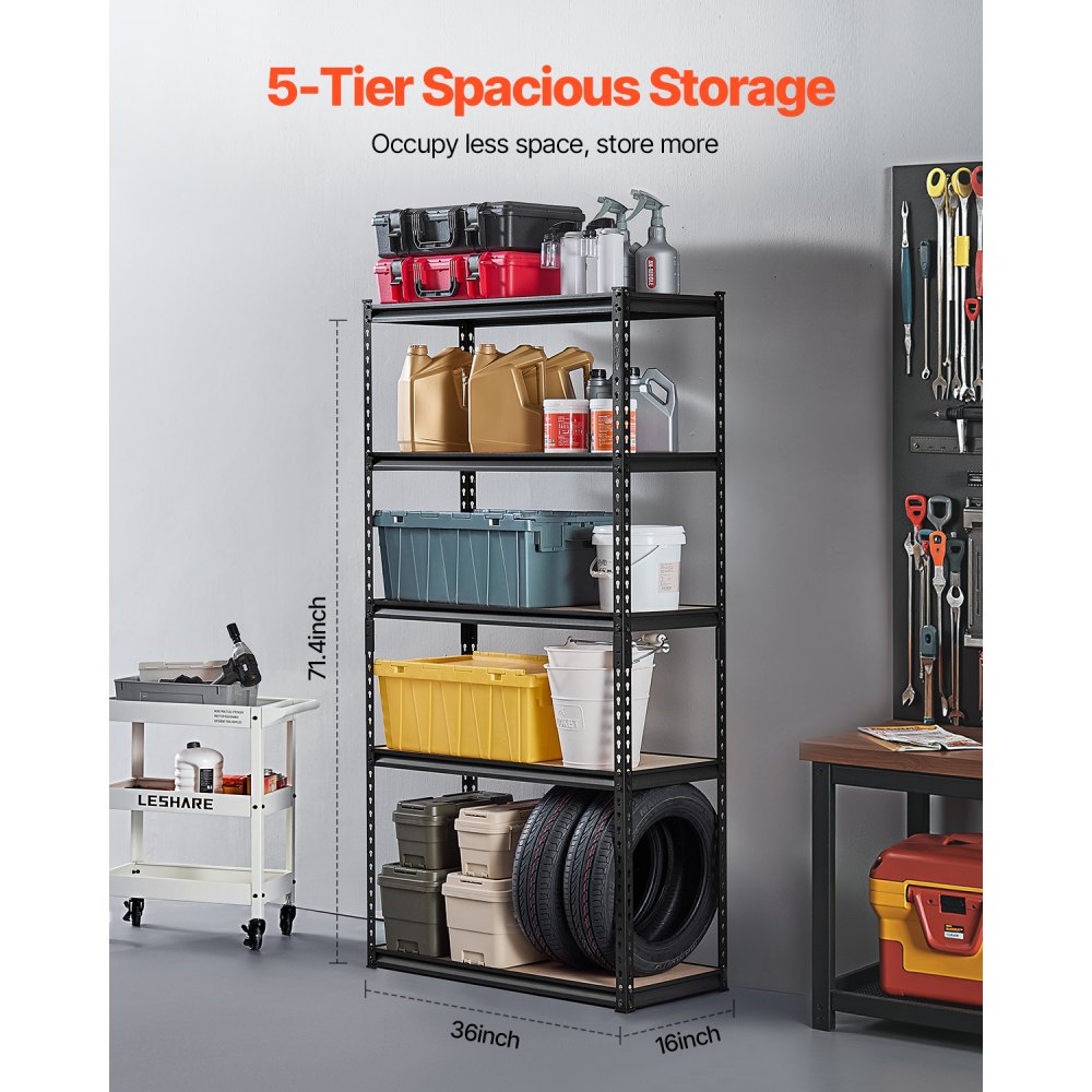 VEVOR Storage Shelves, 2000 lbs, 5 Tier Garage Storage Shelving, 16" D x 36" W x 71.4" H Adjustable Metal Shelves for Garage Shelves Utility Rack Shelf, Ideal for Kitchen, Warehouse, Basement, Black