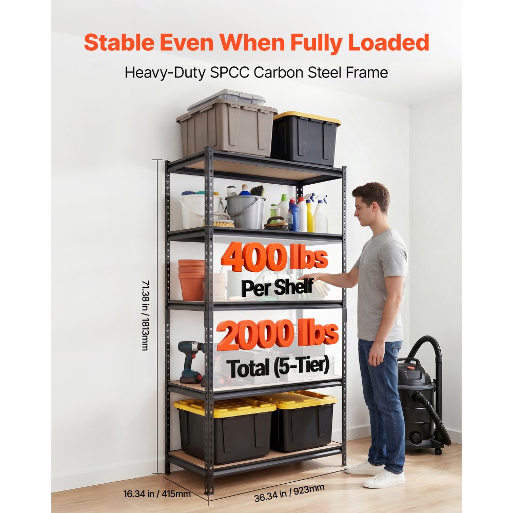 VEVOR Storage Shelves, 5-Tier Adjustable, 2000 lbs Capacity, Heavy Duty Garage Storage Shelving Unit, Metal Utility Rack Shelf, for Garage Warehouse Basement Kitchen, 36.34" W x 16.34" D x 71.38" H