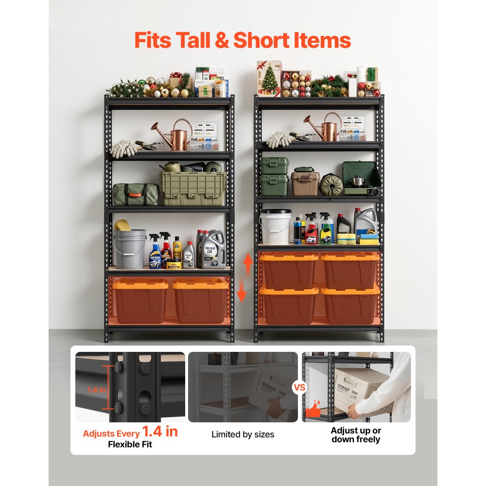 VEVOR Storage Shelves, 5-Tier Adjustable, 2000 lbs Capacity, Heavy Duty Garage Storage Shelving Unit, Metal Utility Rack Shelf, for Garage Warehouse Basement Kitchen, 36.34" W x 16.34" D x 71.38" H