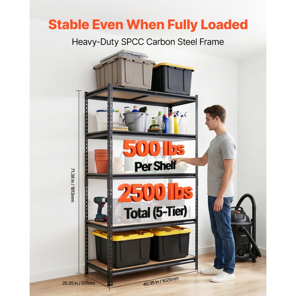 VEVOR Storage Shelves, 5-Tier Adjustable, 2500 lbs Capacity, Heavy Duty Garage Storage Shelving Unit, Metal Utility Rack Shelf, for Garage Warehouse Basement Kitchen, 40.35" W x 20.35" D x 71.38" H