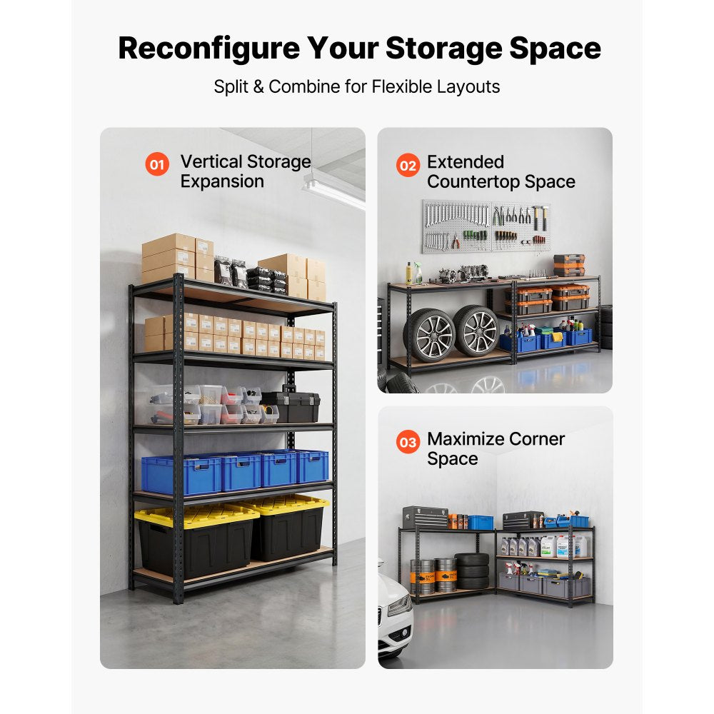 VEVOR Storage Shelves, 5-Tier Adjustable, 3000 lbs Capacity, Heavy Duty Garage Storage Shelving Unit, Metal Utility Rack Shelf, for Garage Workshop Warehouse Basement, 48.35" W x 24.37" D x 71.38" H
