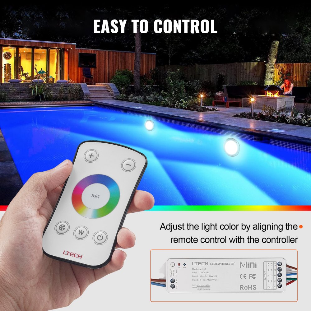VEVOR 12V LED Pool Illumination, 10" Diameter 40W, Multi-Color RGBW, Submersible Light for Pools & Spas, Includes 50 FT Cable & Remote, Suitable for 10" Wet Niches, IP68