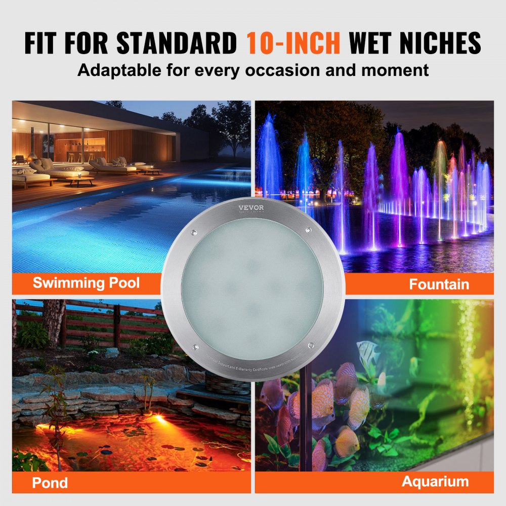 VEVOR 12V LED Pool Illumination, 10" Diameter 40W, Multi-Color RGBW, Submersible Light for Pools & Spas, Includes 50 FT Cable & Remote, Suitable for 10" Wet Niches, IP68