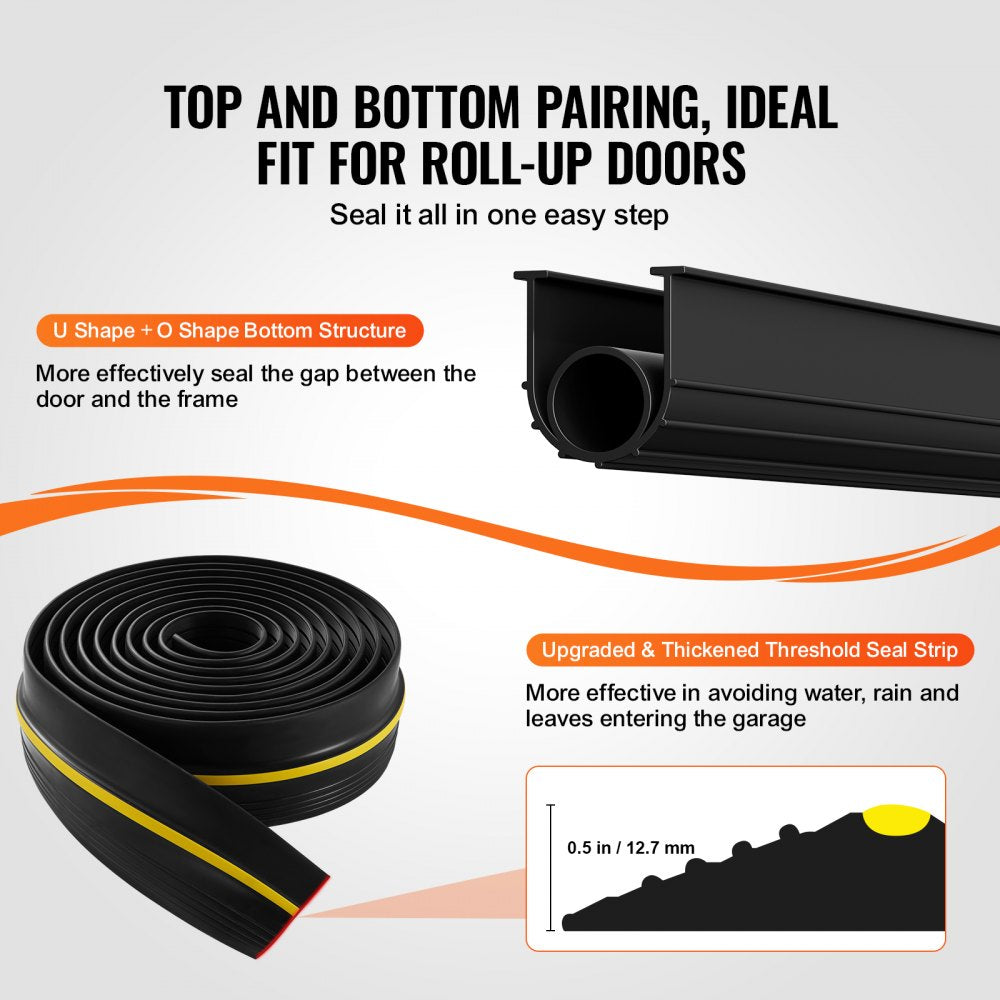 VEVOR Garage Door Threshold and Bottom Seals Kit, 16 FT U Shape+O Ring Universal Garage Door Bottom Seal Weatherstrip PVC, Combine with Weatherproof Garage Threshold Seal Strip with Adhesive, Black