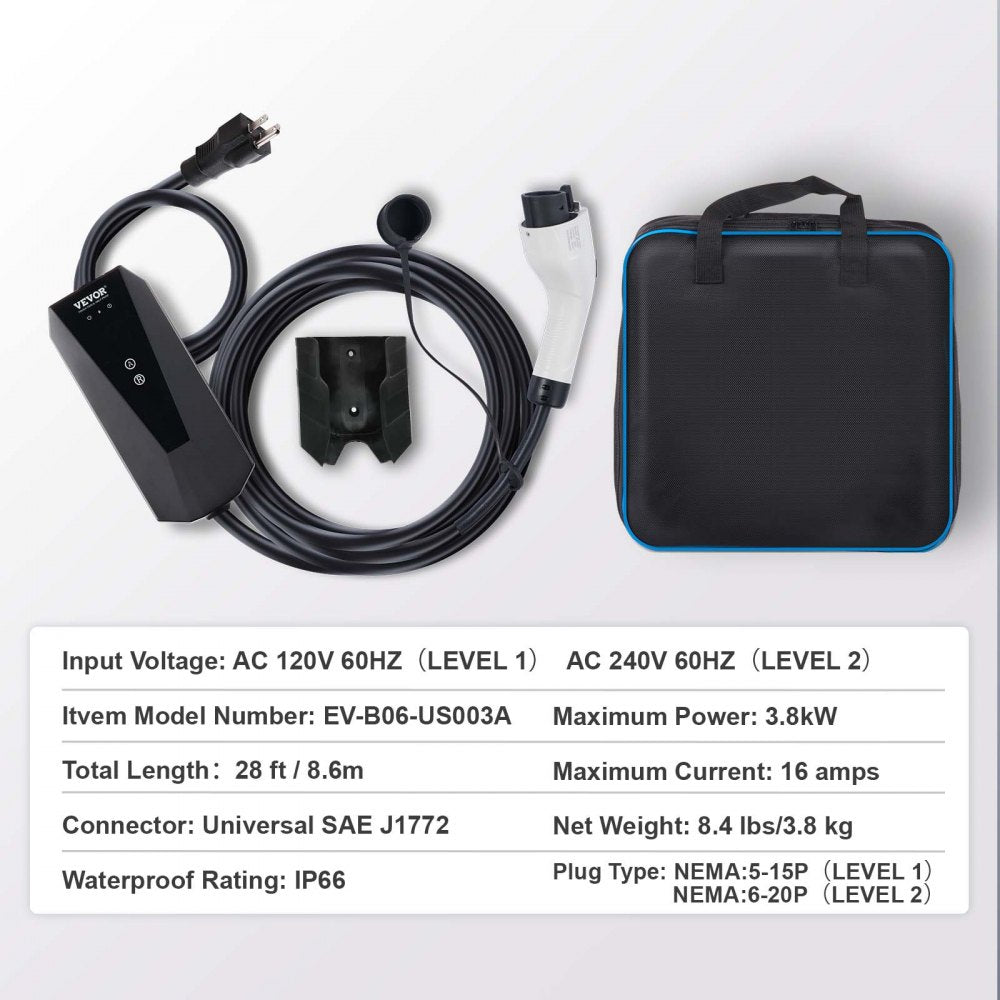 VEVOR Level 1+2 Portable EV Charger, 16 Amp 120V or 240V, Electric Vehicle Charger with 28-Foot Charging Cable NEMA 6-20P Plug NEMA 5-15 Adapter, Plug-in Home EV Charging Station for SAE J1772 EVs