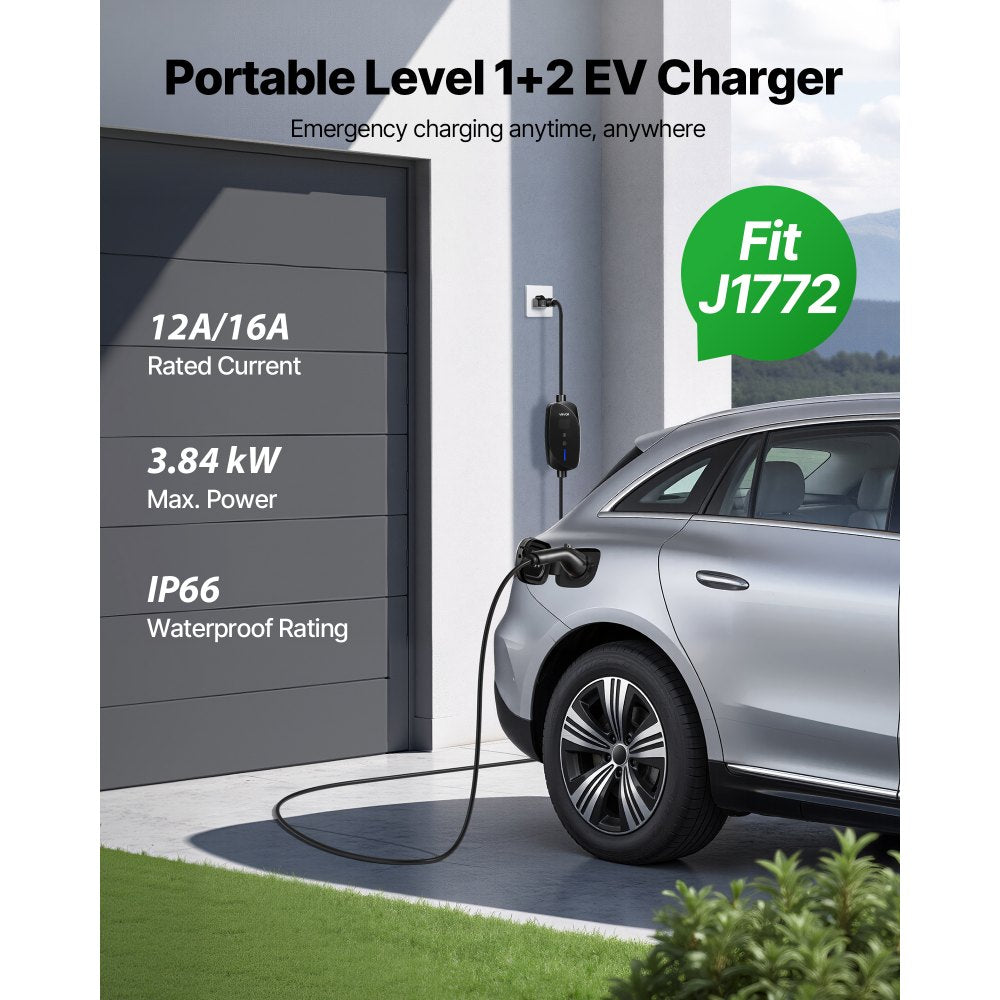 VEVOR Level 1&2 EV Charger, 16 Amp Adjustable Current, Electric Vehicle Portable Charger with 25 ft Cable, 120V-240V, NEMA 6-20P Plug NEMA 5-15 Adapter, LCD, Home Car Charging Station for SAE J1772 EV