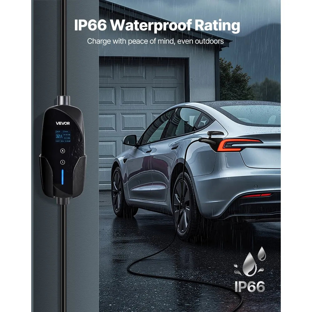VEVOR Level 2 Tesla Charger, 32 Amp Adjustable Current, 240V Portable Home Electric Car EV Charger with 25 ft Charging Cable, NEMA 14-50P Plug, LCD Display, NACS Connector, for Tesla Model Y/X/3/S