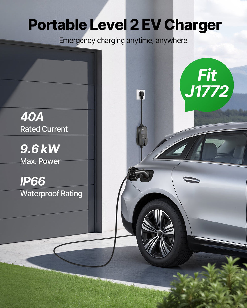 VEVOR Level 2 EV Charger, 40 Amp Adjustable Current, 240V Electric Vehicle Portable Charger with 25 ft Charging Cable, LCD Display, NEMA 14-50P Plug, Plug-in Home Car Charging Station for SAE J1772 EV