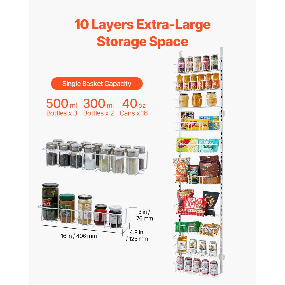 VEVOR Over the Door Pantry Organizer, 10-Tier Pantry Organization and Storage, Heavy-Duty Steel Hanging Spice Rack, Adjustable Wall Seasoning Shelves, for Home Kitchen Laundry Room Bathroom, White