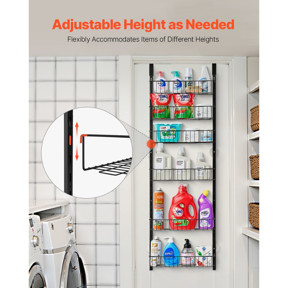 VEVOR Over the Door Pantry Organizer, 6-Tier Pantry Organization and Storage, Heavy-Duty Steel Hanging Spice Rack, Adjustable Wall Seasoning Shelves, for Home Kitchen Laundry Room Bathroom, Black