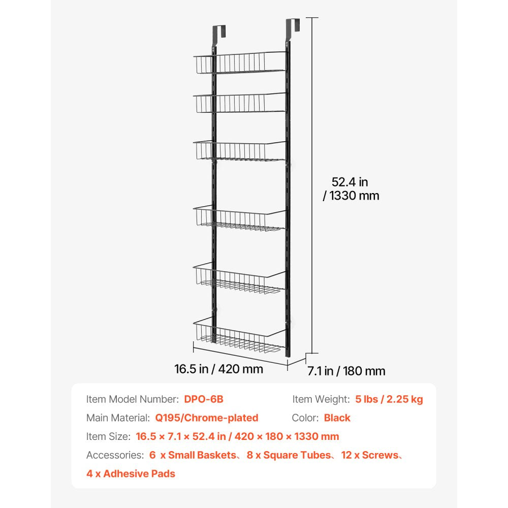 VEVOR Over the Door Pantry Organizer, 6-Tier Pantry Organization and Storage, Heavy-Duty Steel Hanging Spice Rack, Adjustable Wall Seasoning Shelves, for Home Kitchen Laundry Room Bathroom, Black