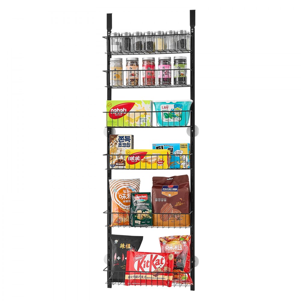 VEVOR Over the Door Pantry Organizer, 6-Tier Pantry Organization and Storage, Heavy-Duty Steel Hanging Spice Rack, Adjustable Wall Seasoning Shelves, for Home Kitchen Laundry Room Bathroom, Black
