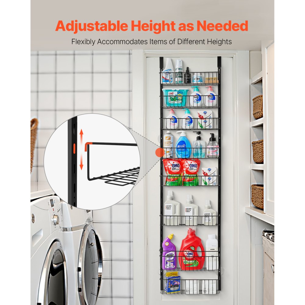VEVOR Over the Door Pantry Organizer, 8-Tier Pantry Organization and Storage, Heavy-Duty Steel Hanging Spice Rack, Adjustable Wall Seasoning Shelves, for Home Kitchen Laundry Room Bathroom, Black