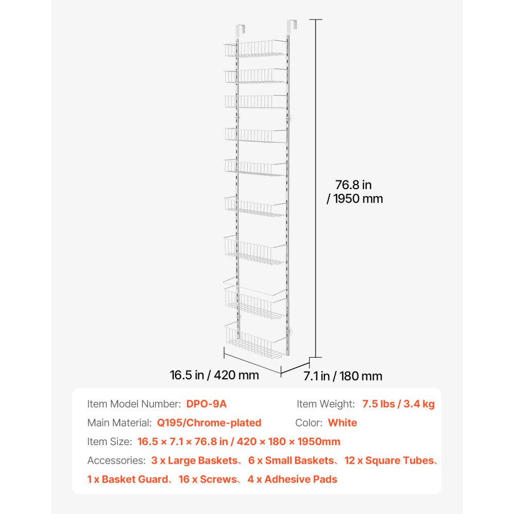 VEVOR Over the Door Pantry Organizer, 9-Tier Pantry Organization and Storage, Heavy-Duty Steel Hanging Spice Rack, Adjustable Wall Seasoning Shelves, for Home Kitchen Laundry Room Bathroom, White