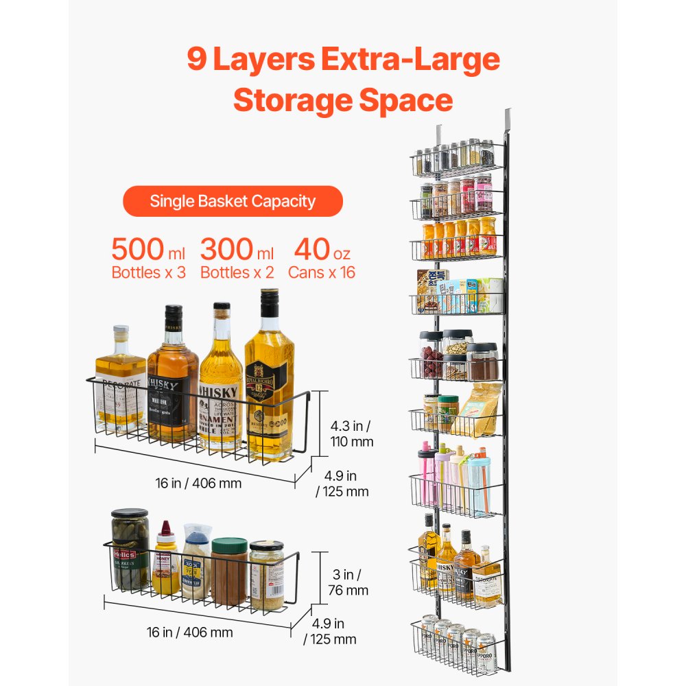 VEVOR Over the Door Pantry Organizer, 9-Tier Pantry Organization and Storage, Heavy-Duty Steel Hanging Spice Rack, Adjustable Wall Seasoning Shelves, for Home Kitchen Laundry Room Bathroom, Black