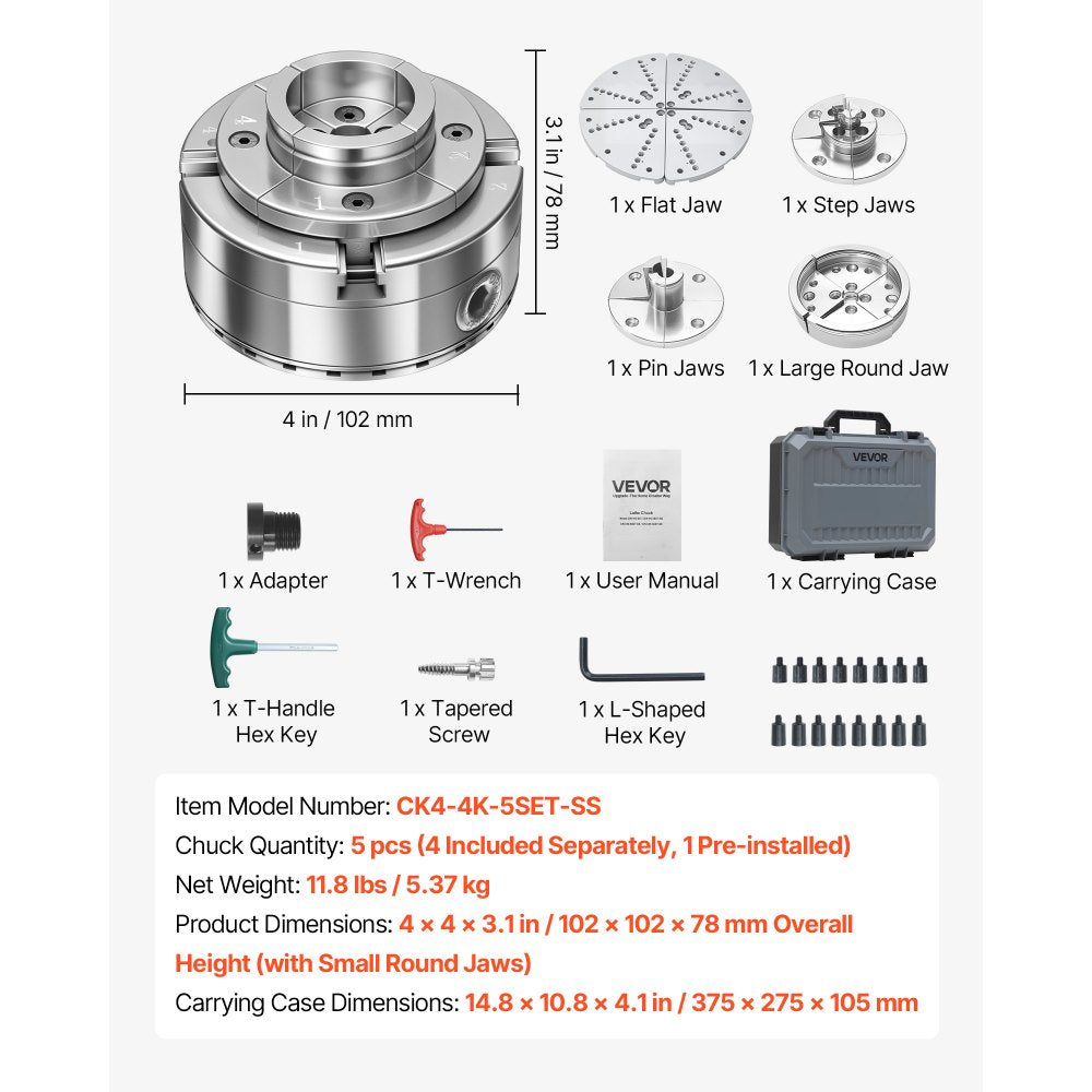 VEVOR 4 Inch Wood Lathe Chuck, 4-Jaw, Self-Centering Wood Turning Chuck Set with 1" x 8TPI Thread & Adapter, 5 PCS Jaws Round/Flat/Step/Pin, Carry Case, Nickel-Plated Finish, for Woodworking Lathe