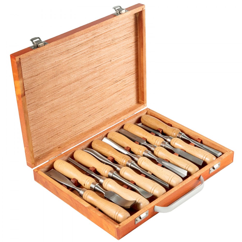VEVOR 12-Piece Wood Lathe Chisel Set, 3.75" Blade, Woodworking & Carving Tools with Wooden Case for Furniture & Root Crafting