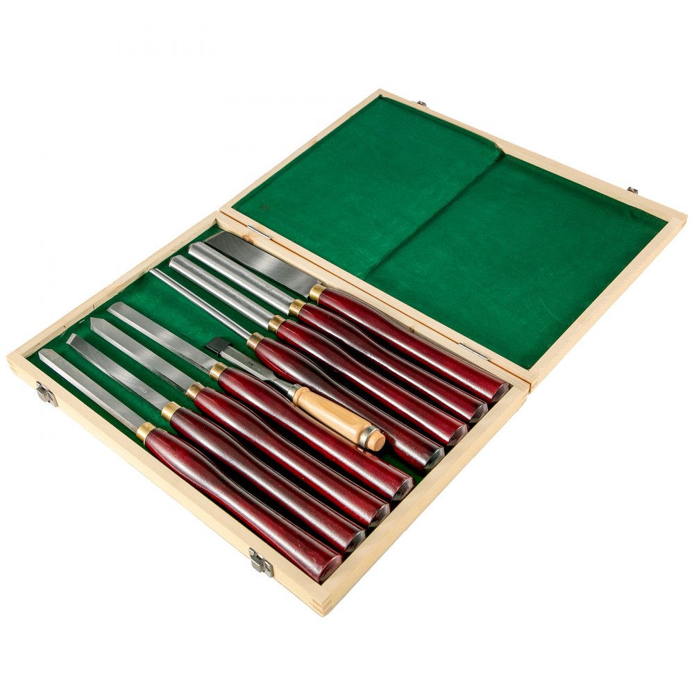 VEVOR 8-Piece Wood Lathe Chisel Kit, HSS Steel Blades, Woodworking Turning Tools with Wooden Storage Case, Ideal for Wood, Root, and Furniture Carving - Red