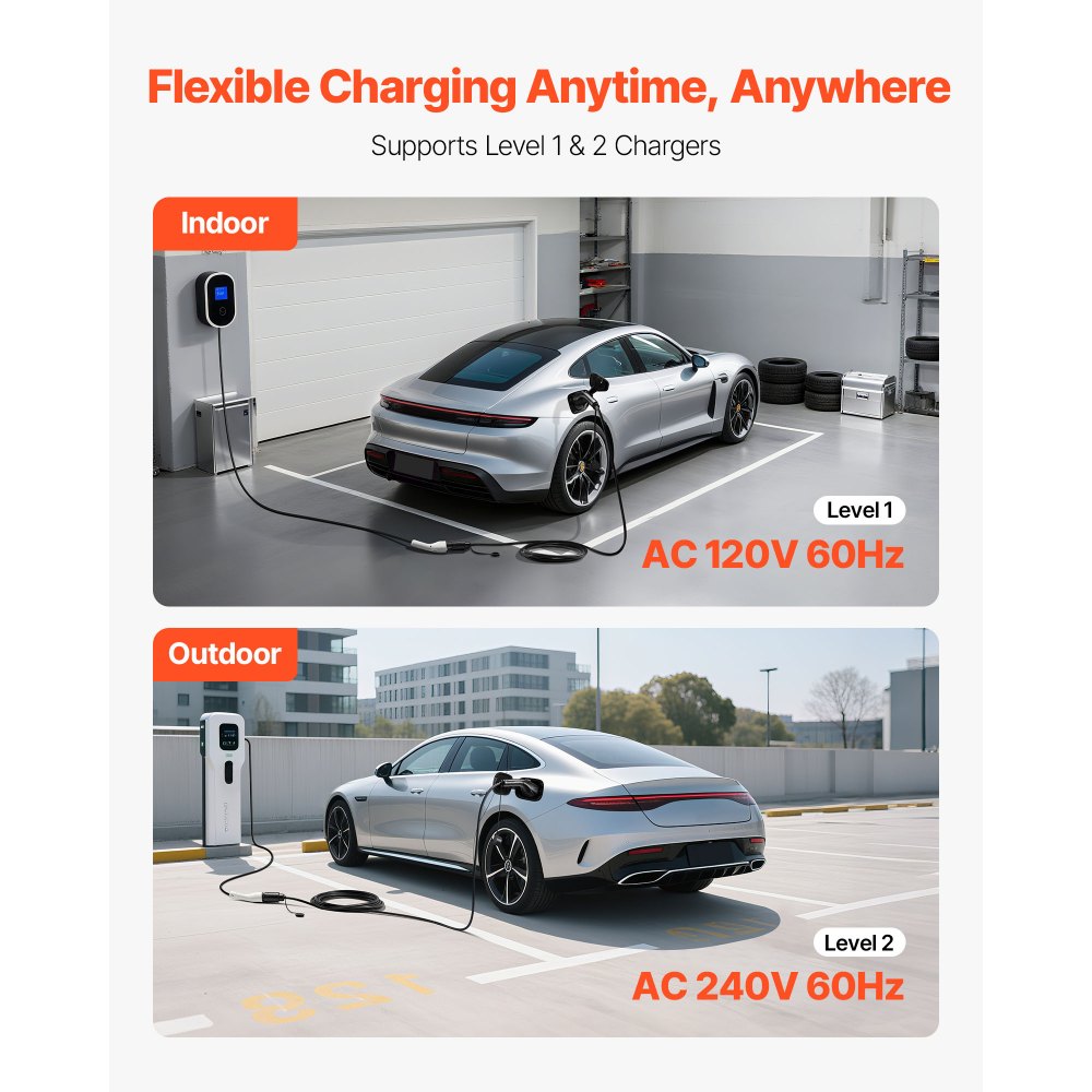 VEVOR EV Charger Extension Cable, 32Amp 40 ft J1772 Extension Cord Compatible with 120V-240V SAE J1772 Electric Vehicle Chargers, Level 1/Level 2 IP66 Heavy Duty Car Charging Cable with Carrying Bag