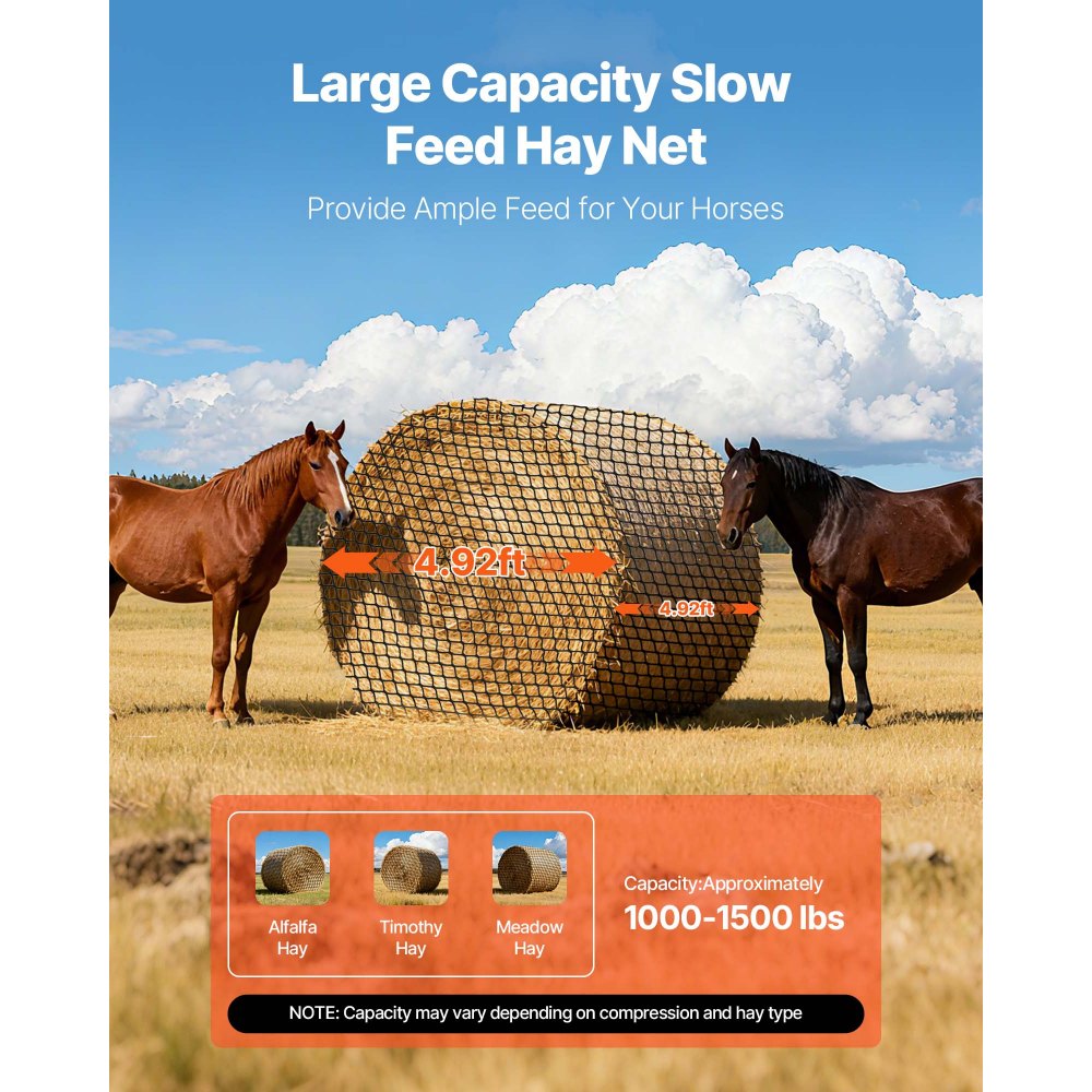 VEVOR Round Bale Hay Net, 4.92 x 4.92 x 4.92 ft, 1.65 inch Holes, PE Material, Knotless Design, with Self-Locking Zip Ties, Needle Shuttle, and Repair Twine, Slow Feeder Round Bale Net for Horses