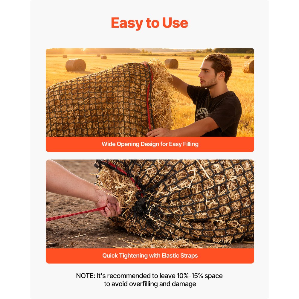 VEVOR Round Bale Hay Net, 4.92 x 4.92 x 4.92 ft, 1.65 inch Holes, PE Material, Knotless Design, with Self-Locking Zip Ties, Needle Shuttle, and Repair Twine, Slow Feeder Round Bale Net for Horses