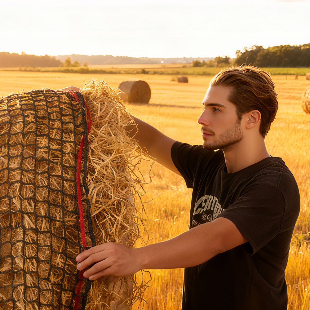 VEVOR Round Bale Hay Net, 4.92 x 4.92 x 4.92 ft, 1.65 inch Holes, PE Material, Knotless Design, with Self-Locking Zip Ties, Needle Shuttle, and Repair Twine, Slow Feeder Round Bale Net for Horses