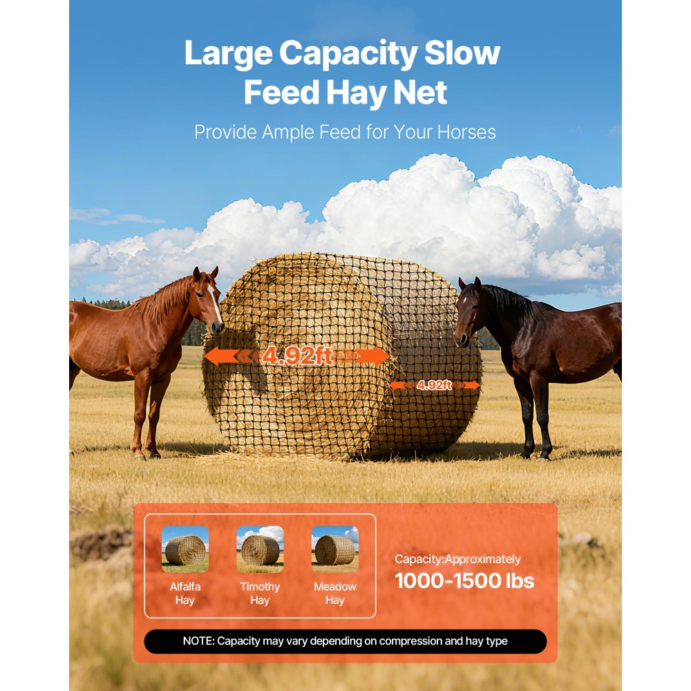 VEVOR Round Bale Hay Net, 4.92 x 4.92 x 4.92 ft, 1.75 inch Holes, PE Material, Reinforced Knotted Design, with Zip Ties, Needle Shuttle, and Repair Twine, Slow Feeder Round Bale Net for Horses