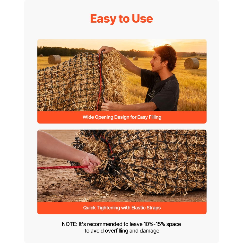 VEVOR Round Bale Hay Net, 4.92 x 4.92 x 4.92 ft, 1.75 inch Holes, PE Material, Reinforced Knotted Design, with Zip Ties, Needle Shuttle, and Repair Twine, Slow Feeder Round Bale Net for Horses
