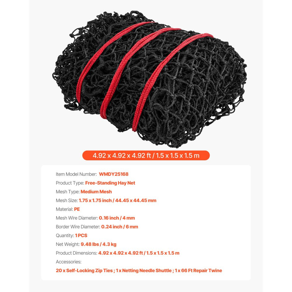 VEVOR Round Bale Hay Net, 4.92 x 4.92 x 4.92 ft, 1.75 inch Holes, PE Material, Reinforced Knotted Design, with Zip Ties, Needle Shuttle, and Repair Twine, Slow Feeder Round Bale Net for Horses