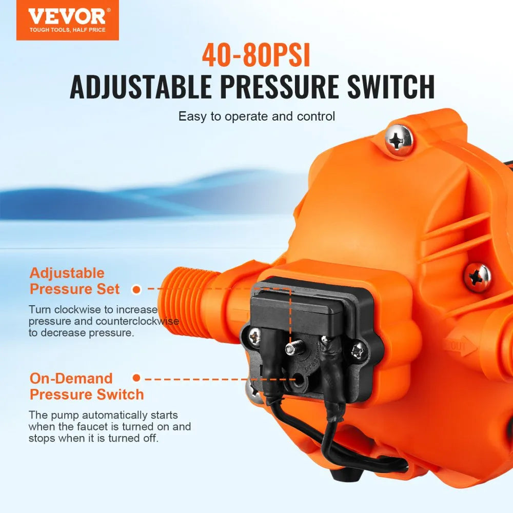 VEVOR RV Water Pressure Diaphragm Pump 3Chambers 110V 3.3GPM 45PSI Adjustable Presssure Fresh Water Pump, Self Priming Sprayer Pump for RV Camper Marine Boat Lawn